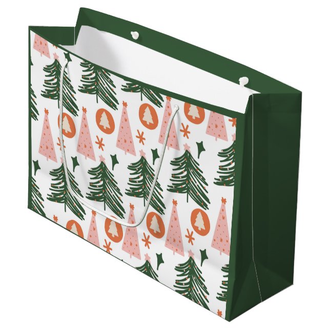 Boho Green Pink Orange Christmas Trees Large Gift  Large Gift Bag (Front Angled)