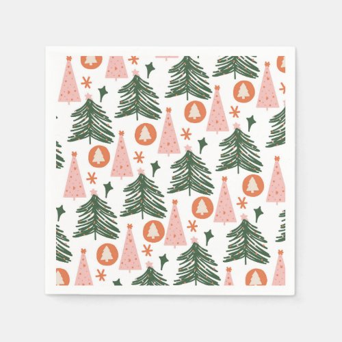 Boho Green Pink Orange Christmas Trees  Napkins