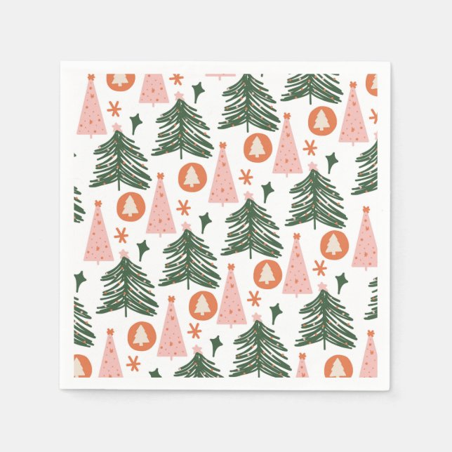 Boho Green Pink Orange Christmas Trees  Napkins (Front)