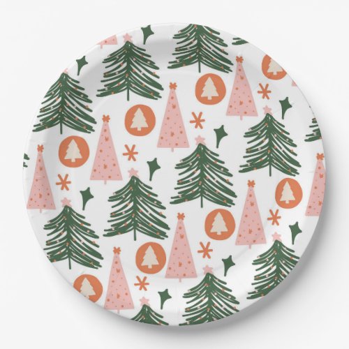 Boho Green Pink Orange Christmas Trees  Paper Plates