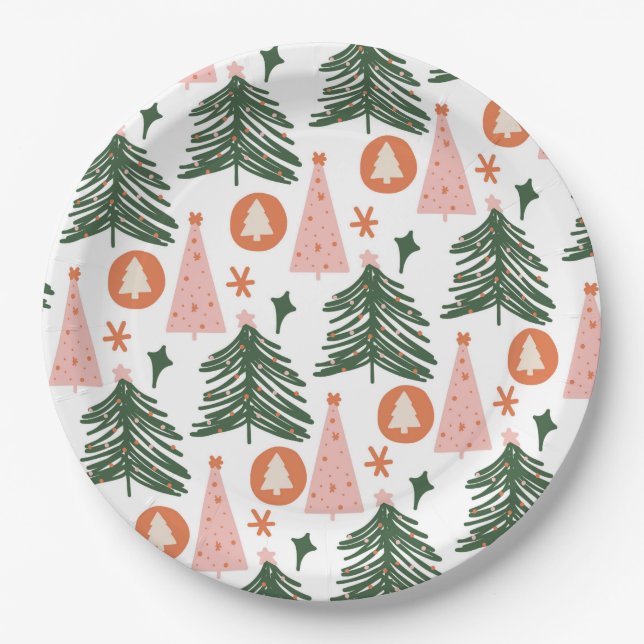 Boho Green Pink Orange Christmas Trees  Paper Plates (Front)