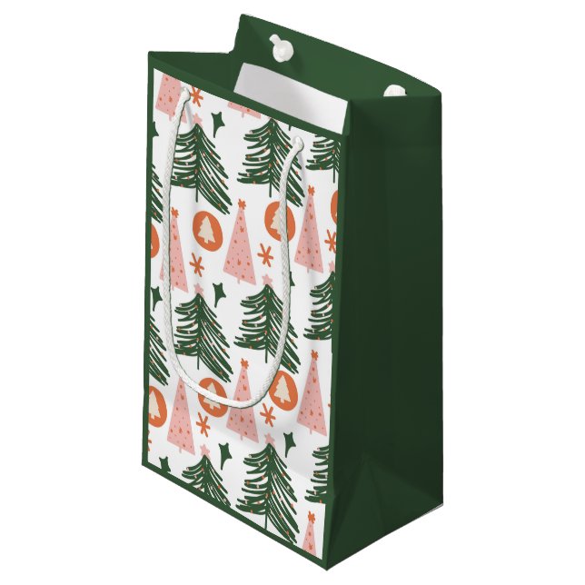 Boho Green Pink Orange Christmas Trees  Small Gift Bag (Front Angled)