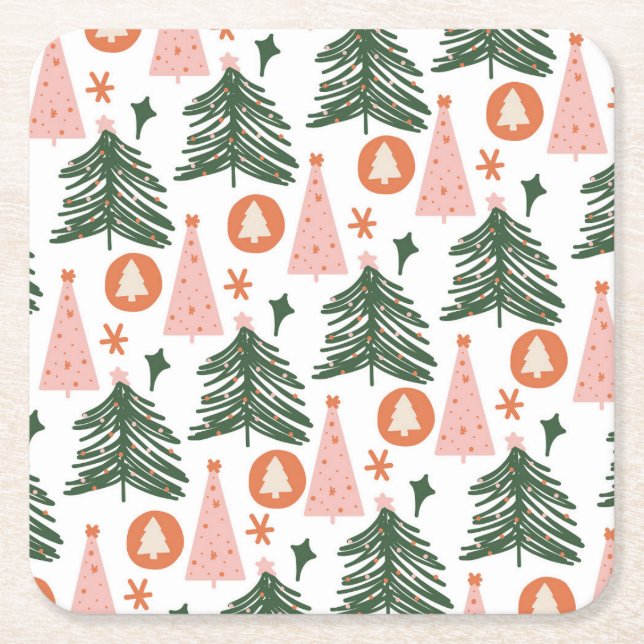 Boho Green Pink Orange Christmas Trees  Square Paper Coaster (Front)