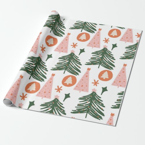 Boho Green Pink Orange Christmas Trees Wrapping Paper