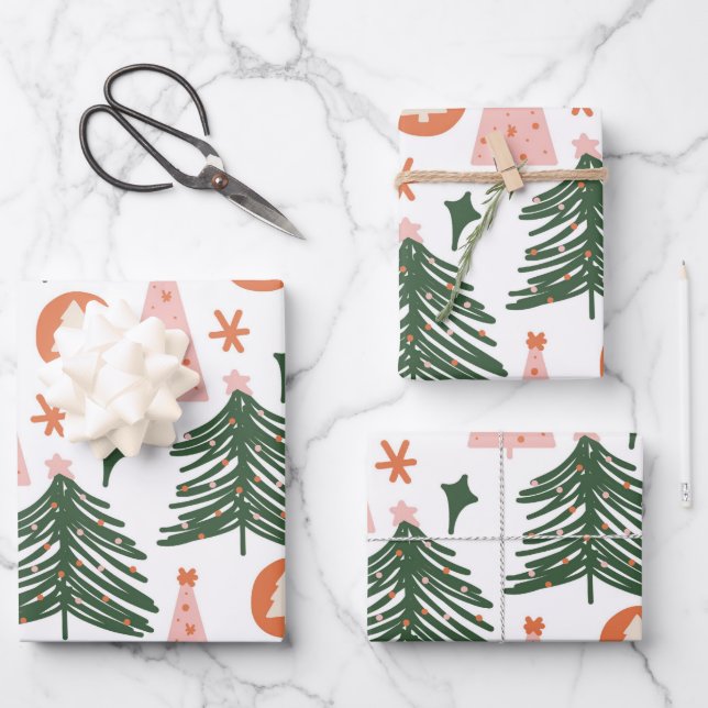 Boho Green Pink Orange Christmas Trees Wrapping Paper Sheets (Front)