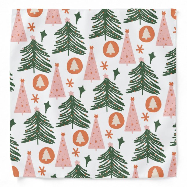 Boho Green Pink Orange Rustic Christmas Trees Bandana (Front)