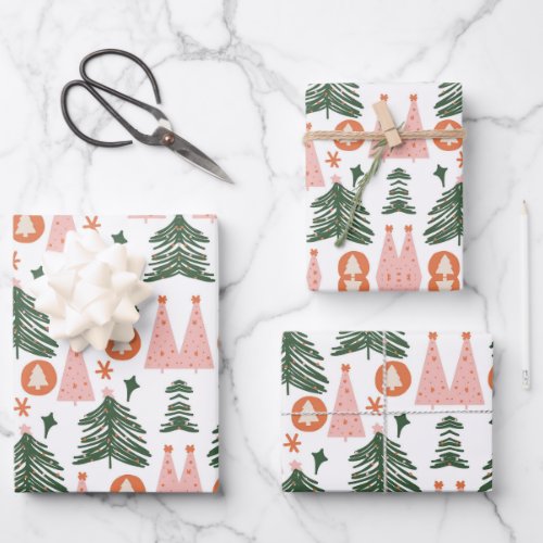 Boho Green Pink Orange Rustic Christmas Trees Wrapping Paper Sheets