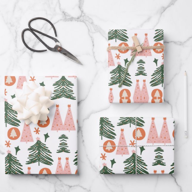 Boho Green Pink Orange Rustic Christmas Trees Wrapping Paper Sheets (Front)