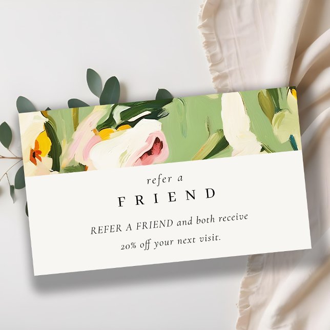 Boho Green Pink Painted Floral Refer A Friend Business Card (Creator Uploaded)
