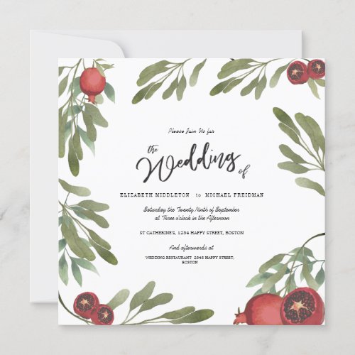 Boho Green Pomegranate  Leaves Modern Botanical Invitation