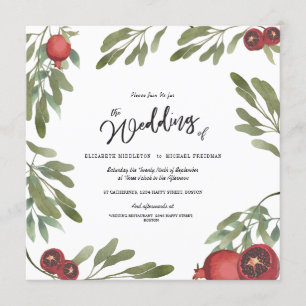 Boho Green Pomegranate Leaves Modern Botanical Invitation
