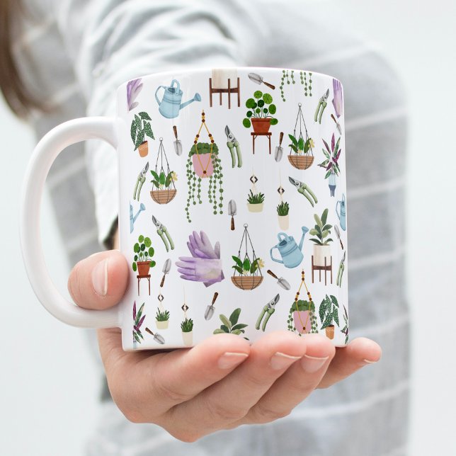 Boho Green Potted Plant Pattern Coffee Mug (Woman's hand holds the potted plant pattern coffee mug)