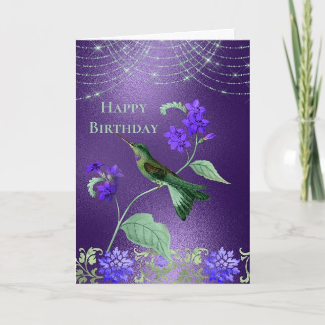 Boho Green Purple Hummingbird Floral Birthday Card (Front)