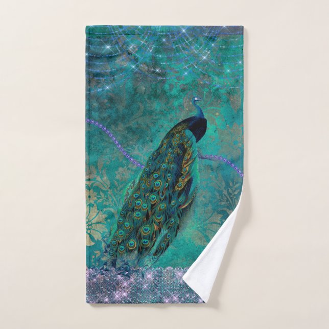 Boho Green Purple Peacock Watercolor Hand Towel (Hand Towel)