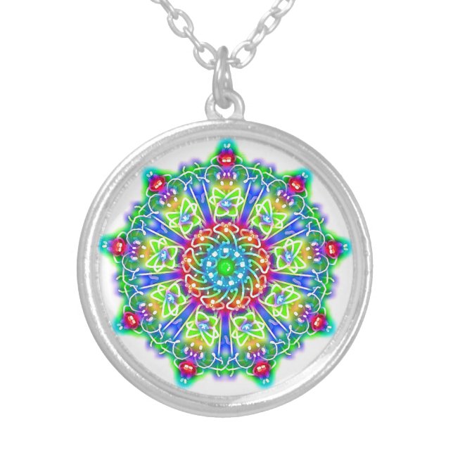 Boho Green Purple Pink Mandala Silver Plated Necklace (Front)