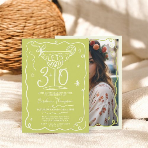 Boho green quirky whimsical scribbles 30 birthday invitation
