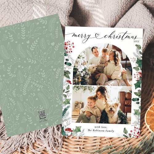 Boho Green Red Arch Photo Christmas Card