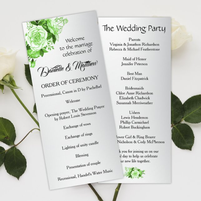 Boho Green Roses Metallic Silver Wedding Program (Creator Uploaded)