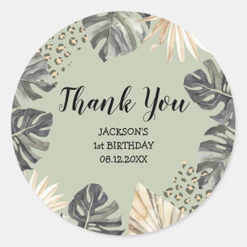 Boho Green Sage Boy Wild One Thank You Sticker