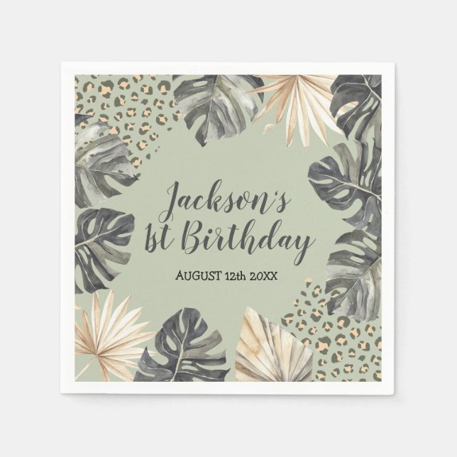 Boho Green Sage Wild One Birthday Paper Napkin (Front)