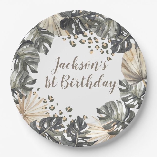 Boho Green Sage Wild One Birthday Paper Plate (Front)