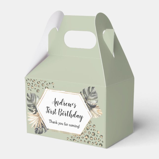 Boho Green Sage Wild One Birthday Party Favor Boxes (Front Side)