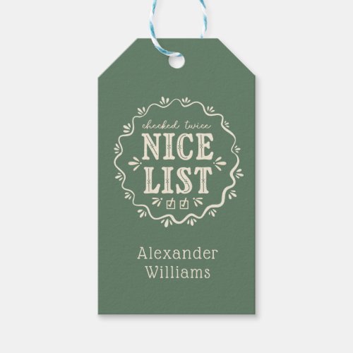 Boho Green Santas Nice List Christmas Gift Tag