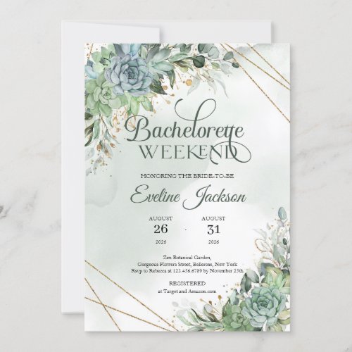 Boho green succulents gold Bachelorette Weekend Invitation