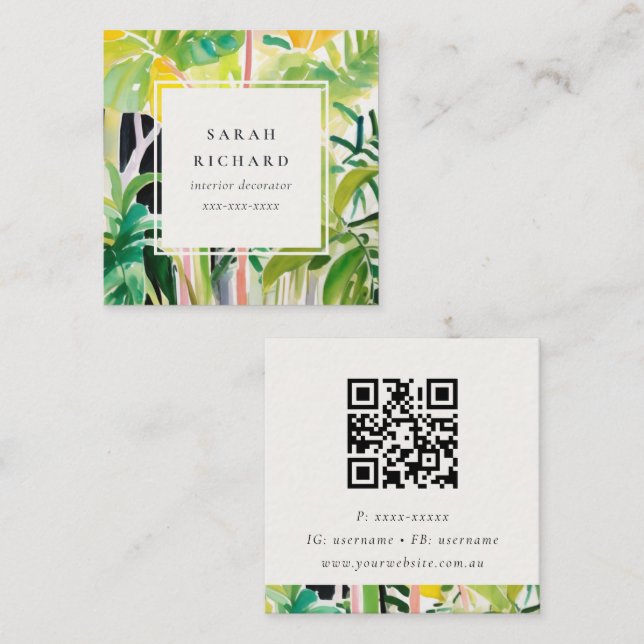 Boho Green Tropical Leaf Foliage Botanical QR Code Square Business Card (Front/Back)