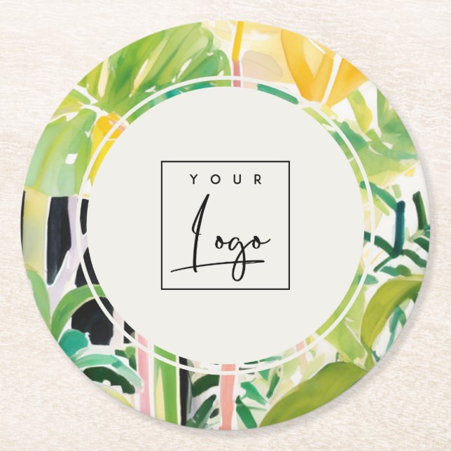 Boho Green  Tropical Leafy Foliage Botanical Logo Round Paper Coaster (Front)