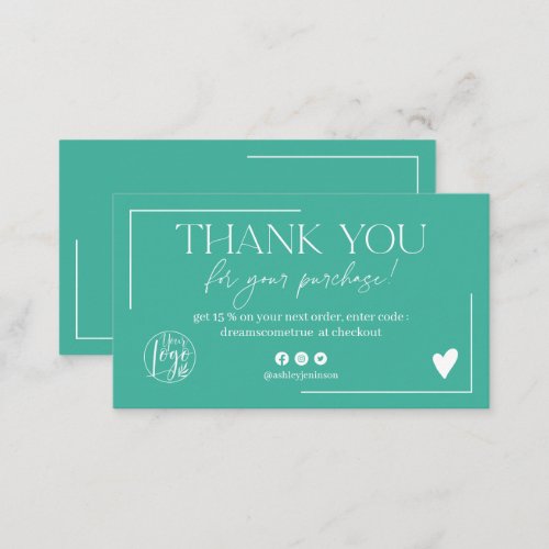 Boho green turquoise script order thank you business card