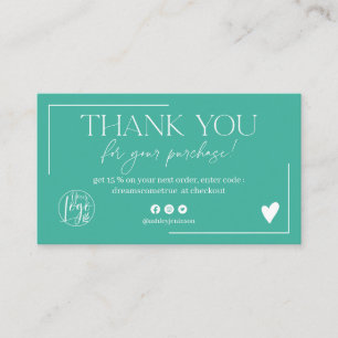 Boho green turquoise script order thank you business card