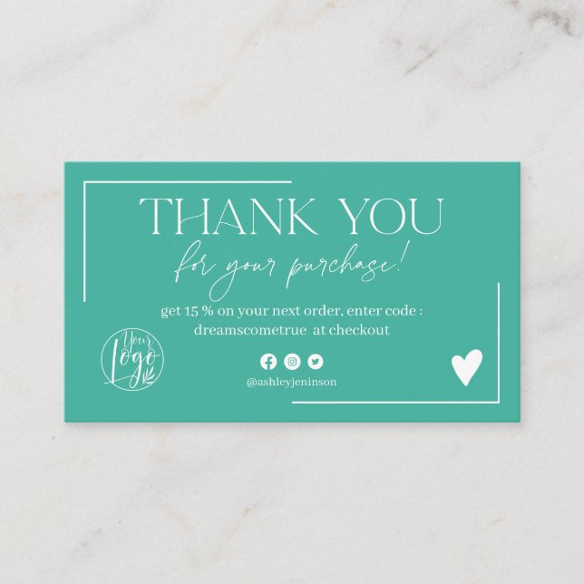 Boho green turquoise script order thank you business card (Front)