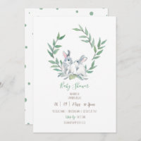 Boho Green Watercolor Bunny Baby Shower Invitation