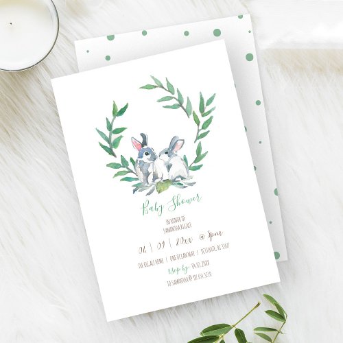 Boho Green Watercolor Bunny Baby Shower Invitation