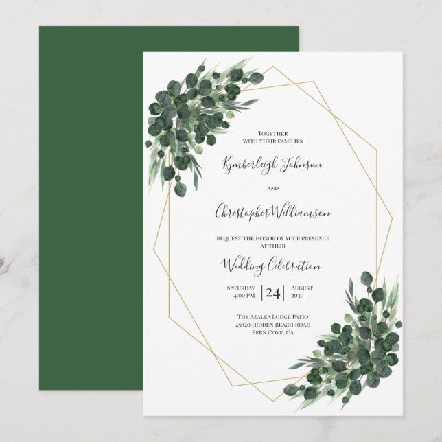 Boho Green Watercolor Eucalyptus Geometric Wedding Invitation (Front/Back)