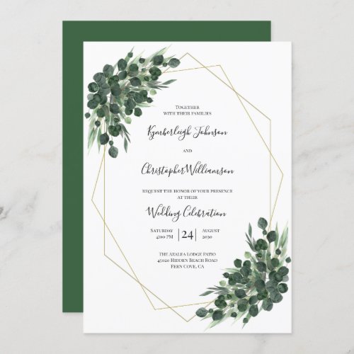 Boho Green Watercolor Eucalyptus Geometric Wedding Invitation