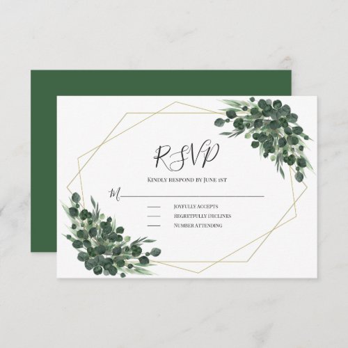 Boho Green Watercolor Eucalyptus Geometric Wedding RSVP Card