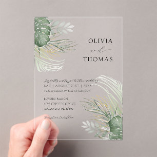 Boho Green Watercolor Monstera  Wedding Acrylic Invitations
