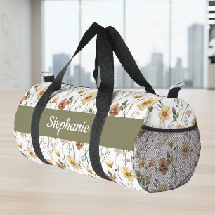Boho Green Watercolor Wildflower Monogram Duffle Bag