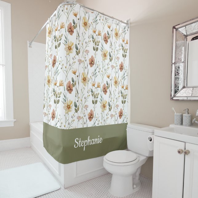 Boho Green Watercolor Wildflower Monogram Name Shower Curtain (Creator Uploaded)
