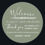 Boho  Green Welcome to Our Wedding Classic Round Sticker<br><div class="desc">Boho green stickers are a great way to welcome your guests and to thank them for coming to your wedding celebration. They read: Welcome family and friends. Thank you for joining us to celebrate today. It means the world to us that you are here. Customize with your names. Contact me...</div>