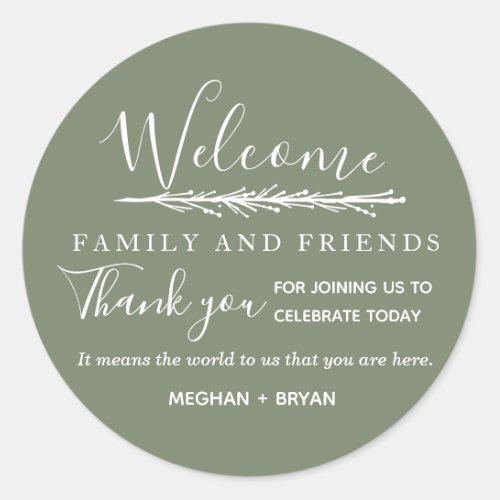Boho  Green Welcome to Our Wedding Classic Round Sticker