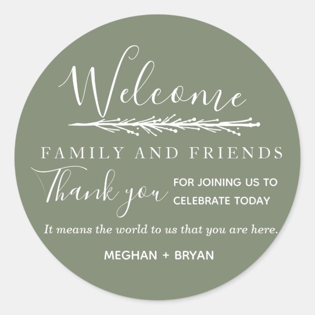 Boho  Green Welcome to Our Wedding Classic Round Sticker (Front)