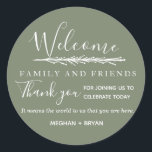 Boho  Green Welcome to Our Wedding Classic Round Sticker<br><div class="desc">Boho green stickers are a great way to welcome your guests and to thank them for coming to your wedding celebration. They read: Welcome family and friends. Thank you for joining us to celebrate today. It means the world to us that you are here. Customize with your names. Contact me...</div>