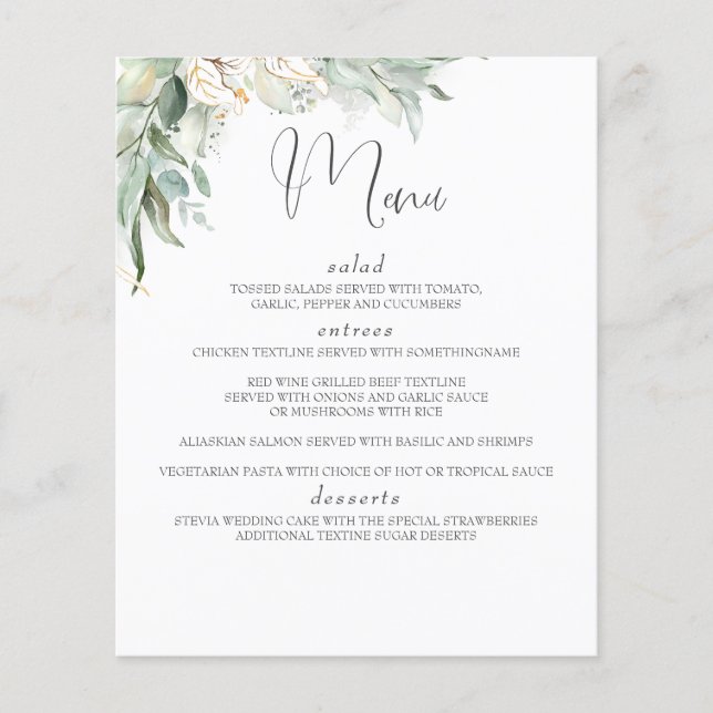 Boho Greenery and Eucalyptus Leaves Wedding Menu Flyer (Front)
