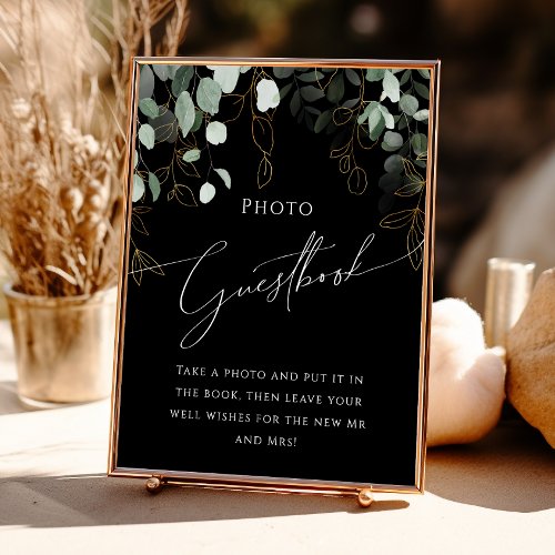 Boho Greenery and Gold Black Photo Guest Book Sign