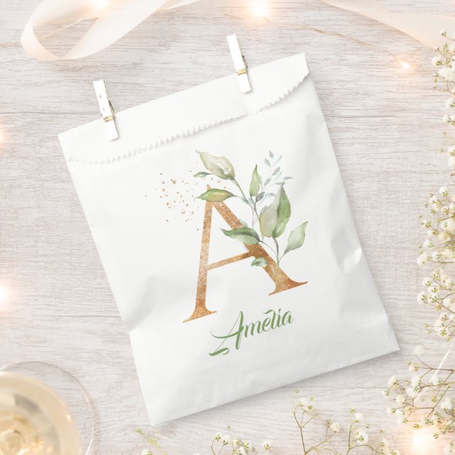 Boho greenery and gold foliage A monogram  Favor Bag (Clipped)