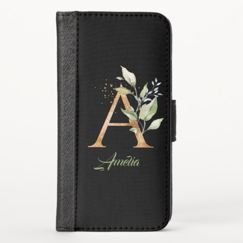 Boho greenery and gold foliage A monogram  iPhone X Wallet Case