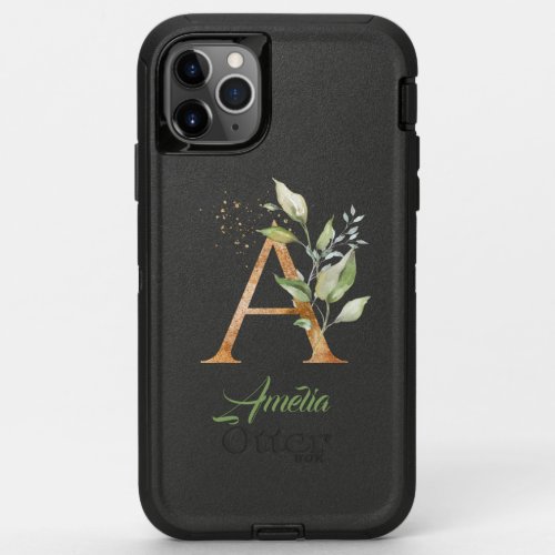 Boho greenery and gold foliage A monogram  OtterBox Defender iPhone 11 Pro Max Case